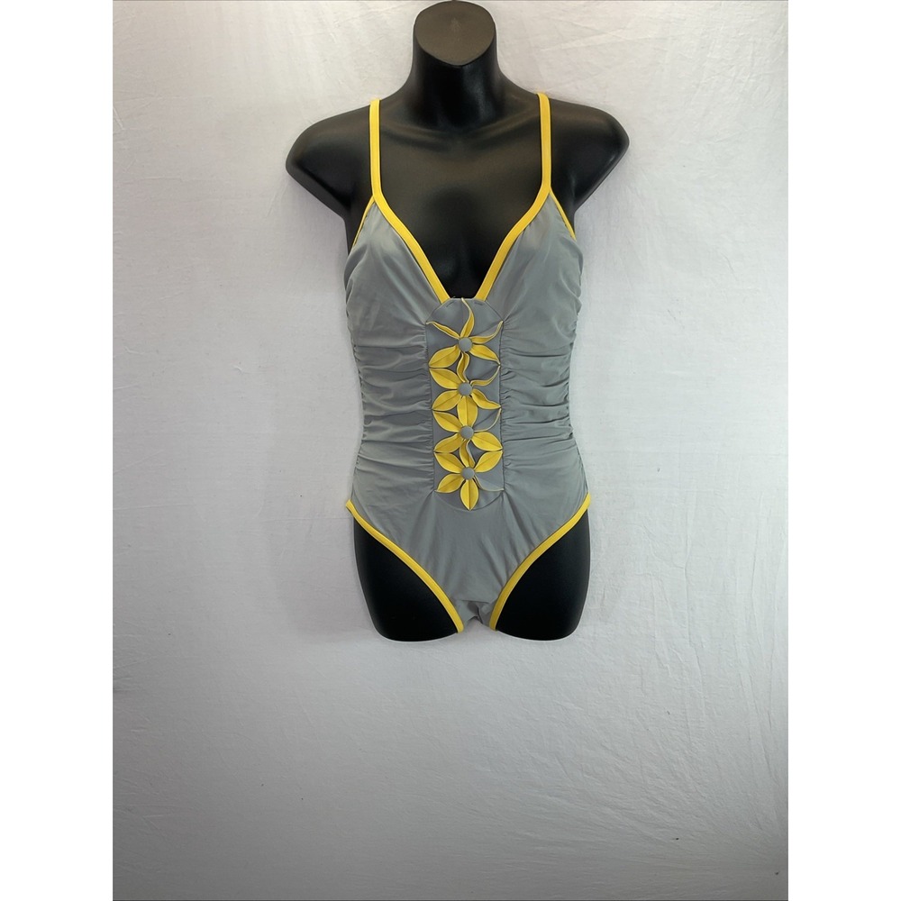 KARLA COLLETTO Grey Yellow One-Piece Swimsuit Size 10 Floral applique 3D